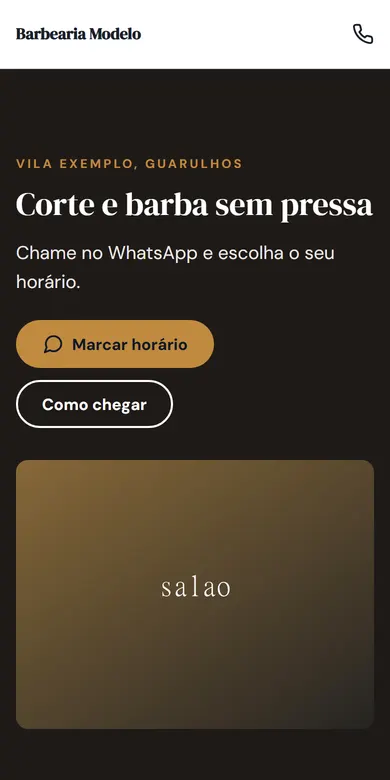 Exemplo de site de barbearia aberto no celular